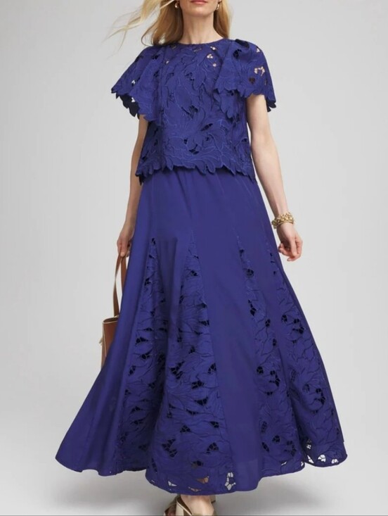 Chico's Dresses & Skirts - CHICO'S` 2 Pc Blue Lace Flutter Sleeve Top & Godet Maxi Eyelet Skirt S/M